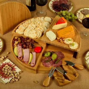 Rotating Bamboo Cheese Board Set: Spin & Serve with Knives